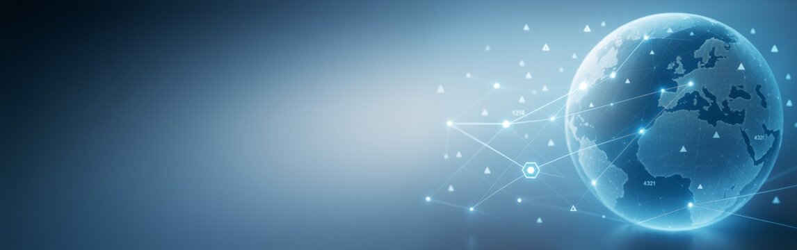 Digital globe with connected network nodes and abstract light elements on blue gradient background for copyspace business technology banner template. - Powered by Adobe