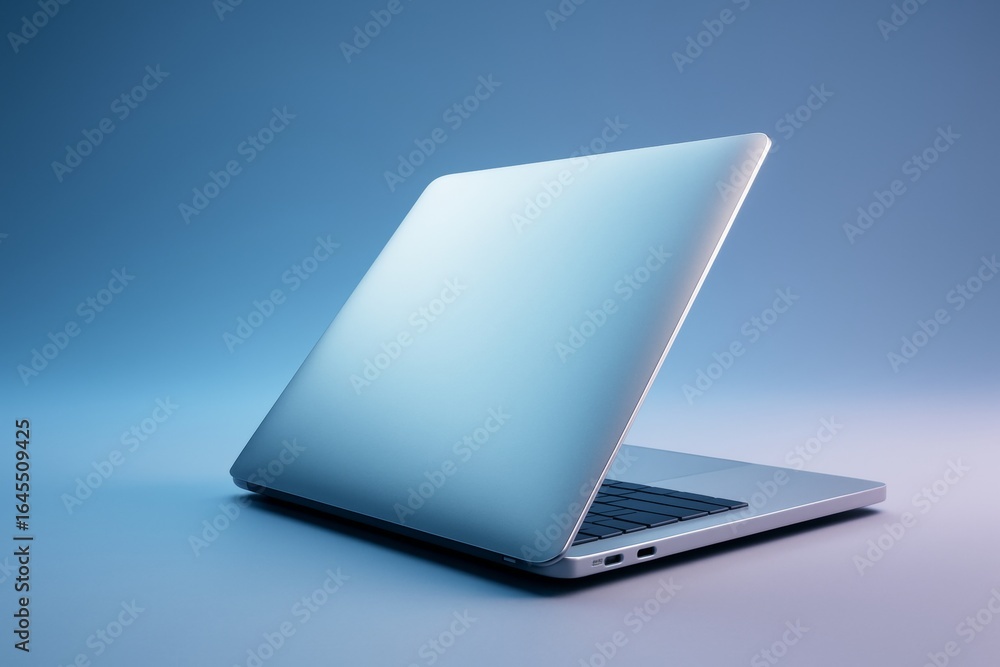 Poster minimalistic laptop mockup with partially open lid on blue gradient background for design template o