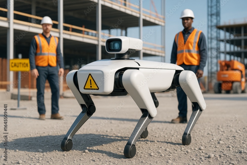 Poster robotic inspection dog with warning sign operating at construction site with workers and unfinished 