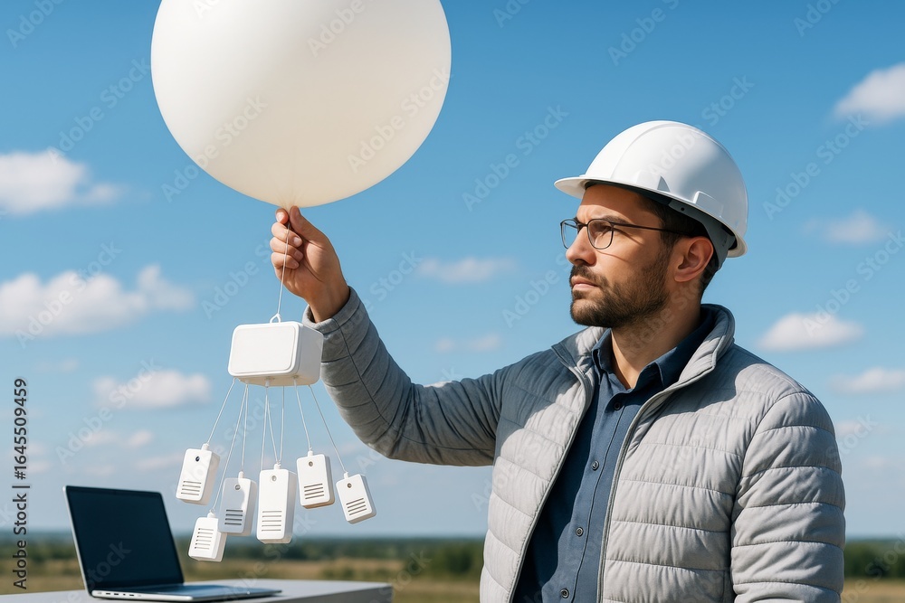 Poster engineer launching weather balloon with sensors for atmospheric data collection on a clear day with 