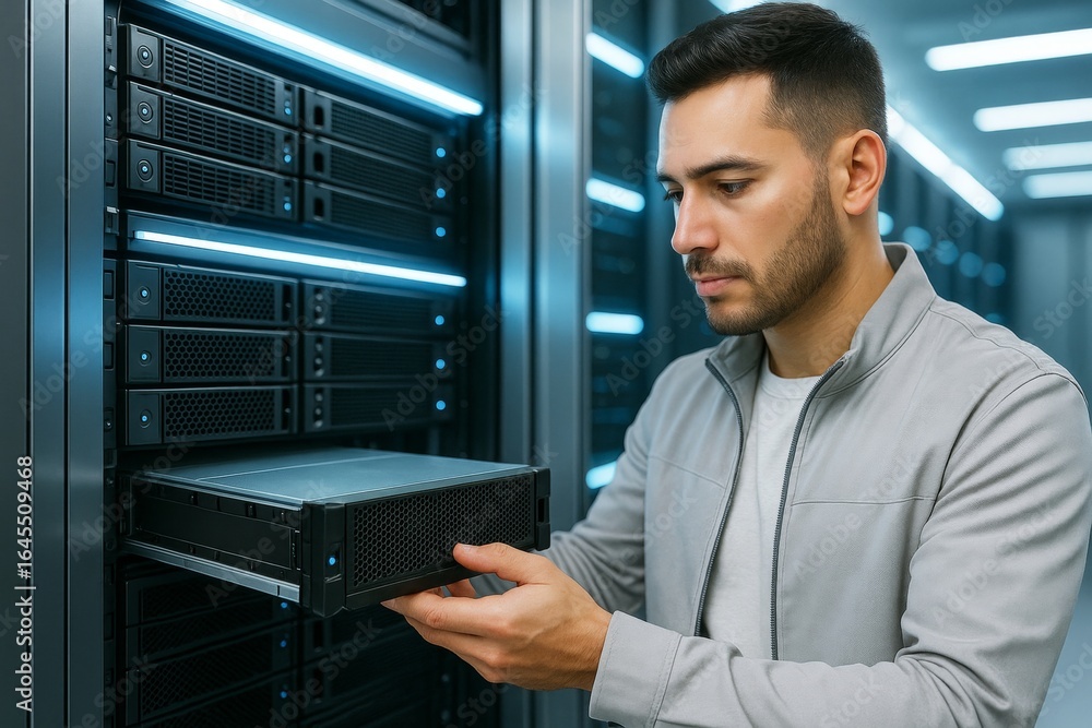 Poster technician working with server hardware in modern data center room with blue led lights in backgroun