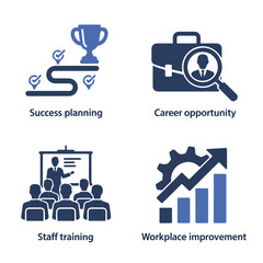Four business icons showing success planning career opportunity staff training and workplace improvement