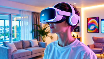 Young woman with virtual reality headset exploring the metaverse in a modern room