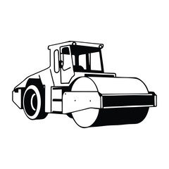 Black outline illustration of a road roller machine. Heavy construction equipment vehicle shown from a front view, simple vector icon.