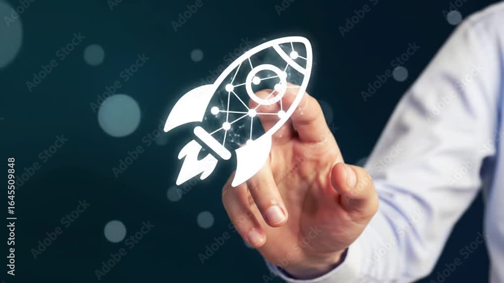 Poster man interacting with rocket launch icon on screen in business innovation and technology concept