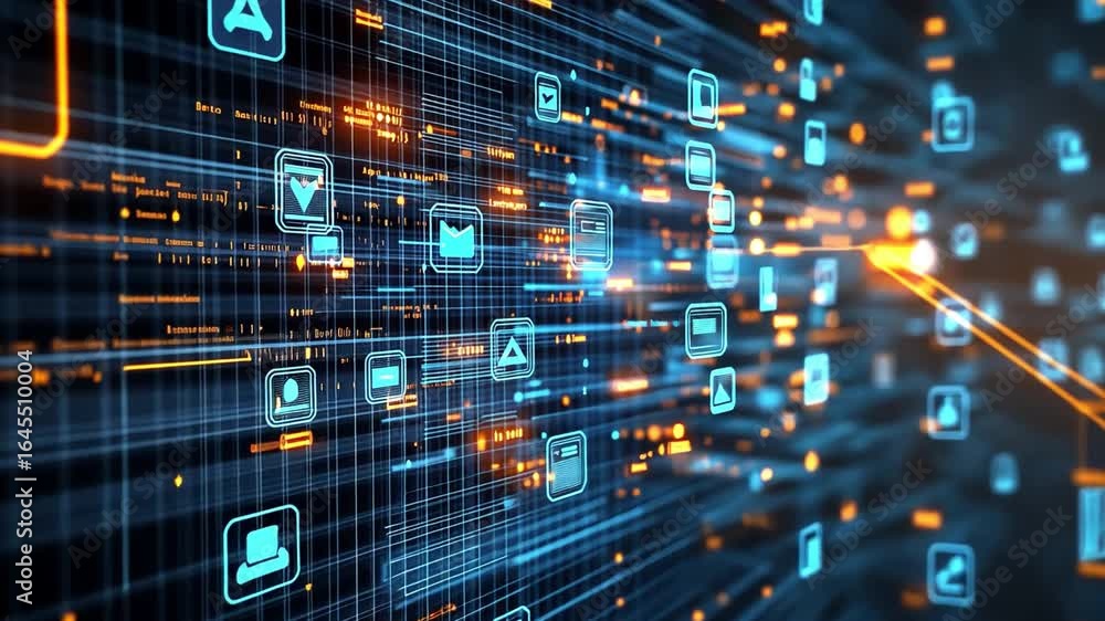 Poster digital network of vibrant icons and applications showcasing futuristic technology, connectivity, an