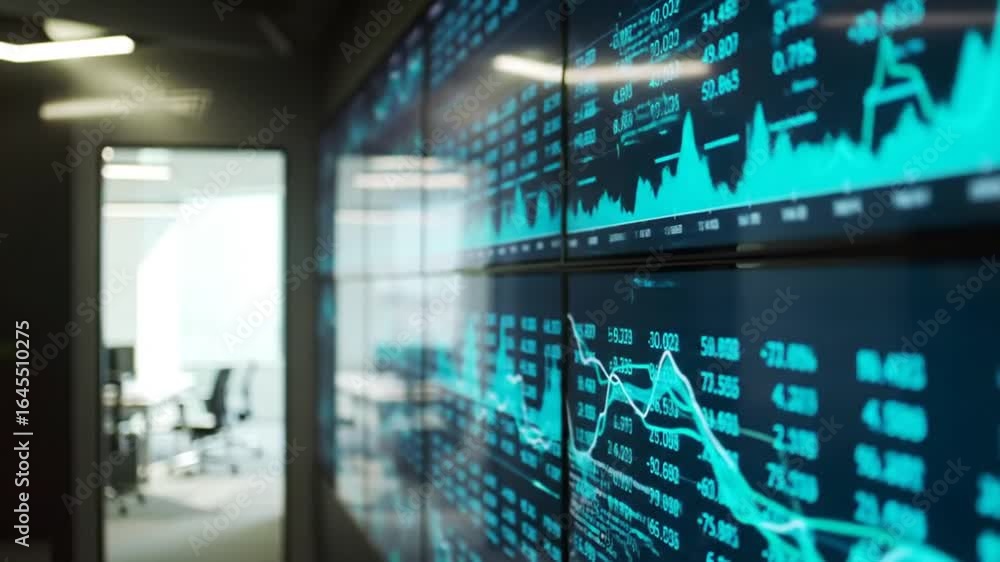 Poster multiple blue digital graphs charts and data streams displayed on large modern wall screen