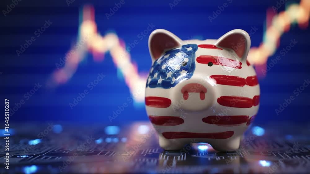 Aufkleber piggy bank with american flag design on circuit board with blurred graph background