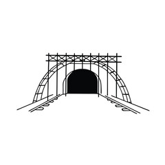 Simple black line outline of a railroad tunnel under construction, vector icon of an archway for transport and architecture.
