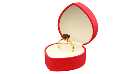 Red heart shape box with shiny red gemstone and romantic gift concept isolated on white background