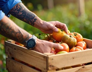 A tattooed man harvesting a crate of vibrant, ripe heirloom tomatoes.