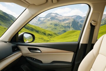 Interior view of luxury car with scenic mountain landscape through window in daylight, showcasing modern transport and travel concept.