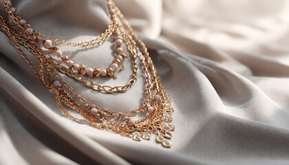 Light gray velvet with layered necklaces in warm gold and rose details