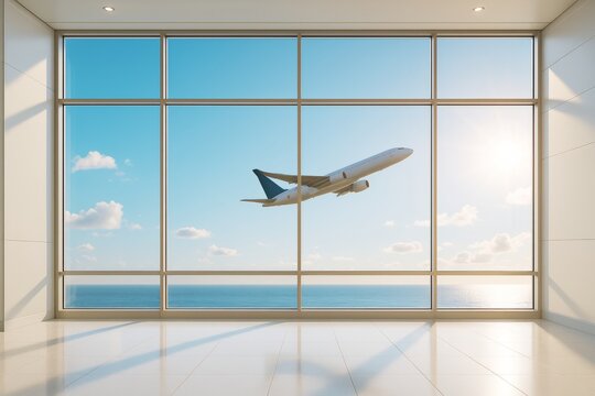 Fototapeta Airplane taking off over ocean seen through large airport window with soft sunlight and clear sky in minimalist interior space.