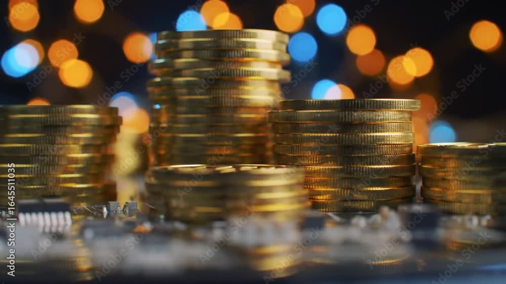Poster stacks of golden coins on circuit board with defocused bokeh background