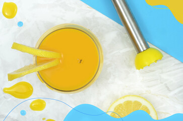 illustration of orange drink with lemons. Contrast: superficially summer chillout, but there's a fly in the drink. Photo mixed with graphics.