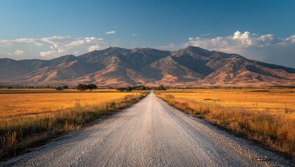 A long, pale gravel road vanishes into a sunlit valley, framed by golden fields and a majestic mountain range under a mostly clear sky