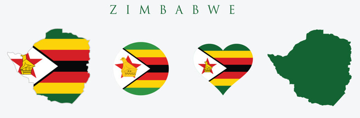 Zimbabwe flag and map set. Zimbabwe flag in official colours and proportions. independence day 18 April , map, circle and heart shaped Zimbabwe.
