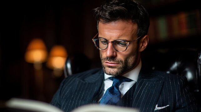 Man reading book in suit and glasses stylish fashion portrait elegant attire formal wear library study  - Powered by Adobe
