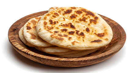 Pitta bread placed on a brown wooden plate isolated on white background.