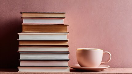 Fototapeta premium Stack of books and a cup of coffee on a shelf.