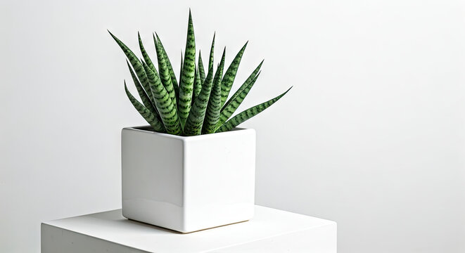 Striped Snake Plant in White Square Pot on Minimalist White Background