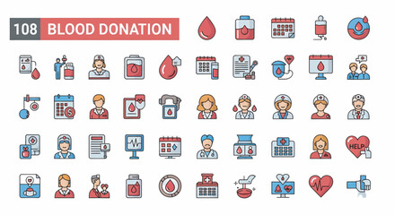 Collection of colorful, outlined icons representing blood donation procedures and personnel.