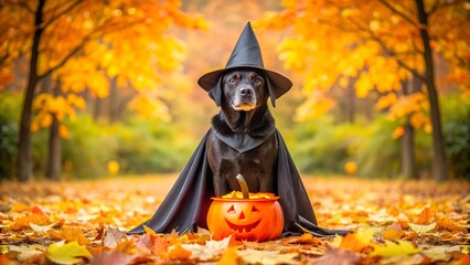 Black labrador dog dressed as a witch with a hat and cape for halloween with a pumpkin in autumn leaves