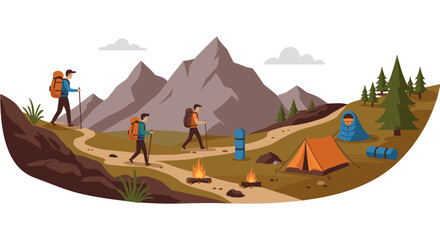Hikers exploring mountain trail with camping setup in nature landscape scene
