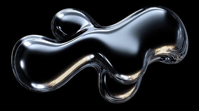 Liquid Chrome Blob Floating On Black, Minimal Futuristic 3D Shape