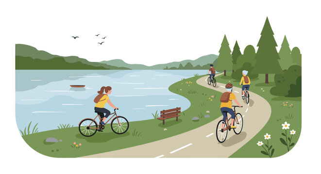 Scenic lakeside cycling path with cyclists in landscape