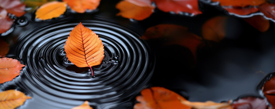 Concentric circles radiating from a fallen leaf across the dark water. Autumn nature and season decor concept. Macro shot for banner, card, design with copy space