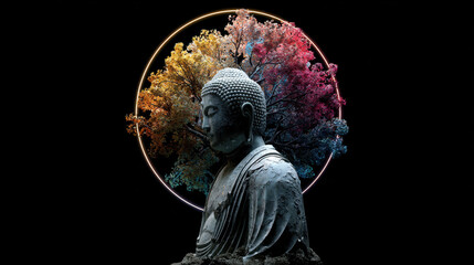 Obraz premium Buddha Statue with Glowing Sacred Tree and Circular Aura