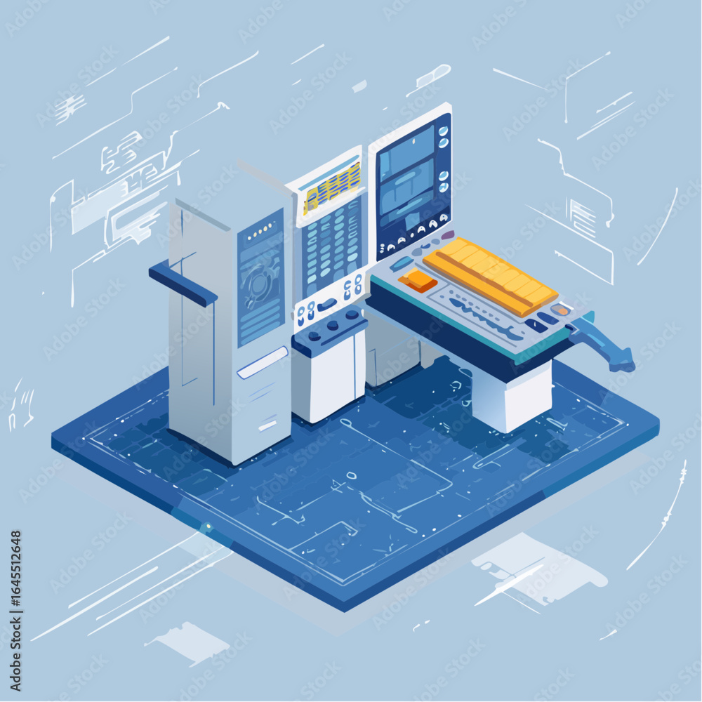 Poster isometric view of a high-tech industrial machine with a control panel and schematics, a concept for 