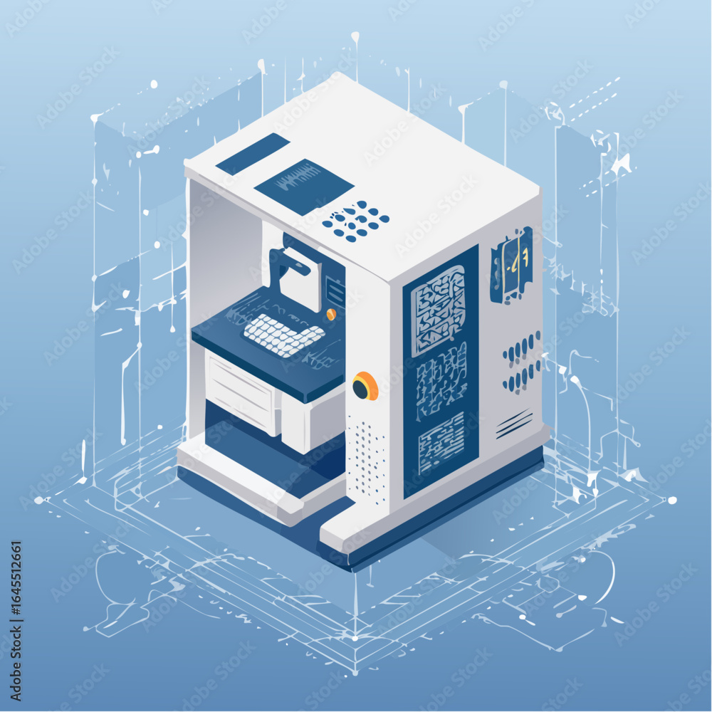 Poster advanced manufacturing technology concept showing an isometric industrial cnc machine with a digital