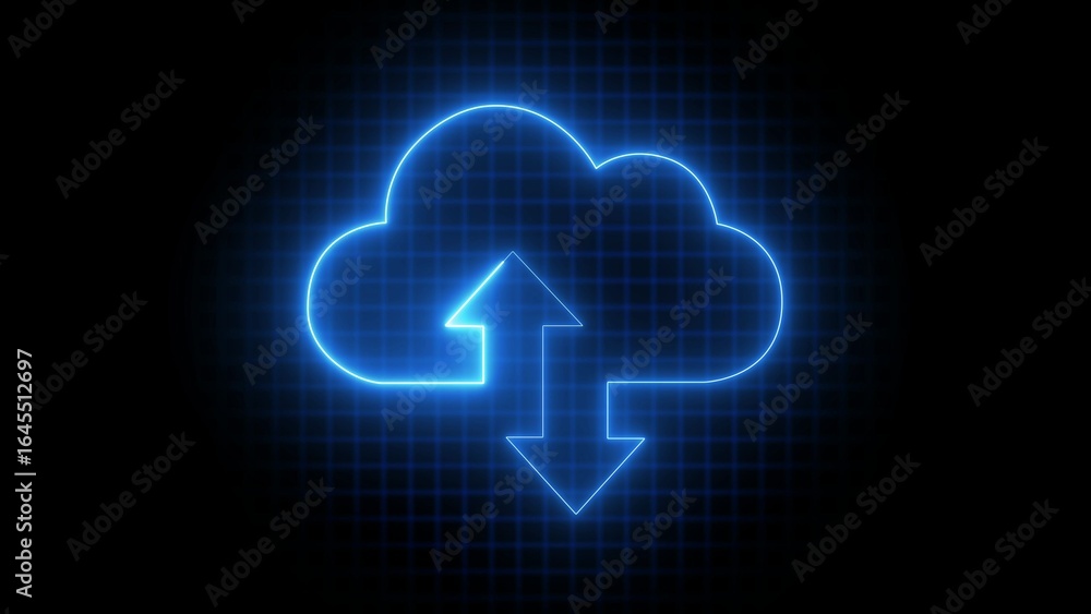 Poster neon blue cloud icon with upload and download arrows on a grid background data storage