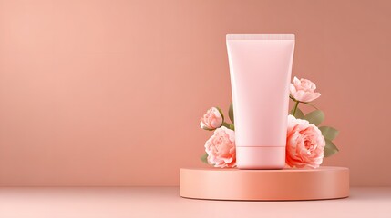 Pink cosmetic product tube displayed on a round platform with roses.
