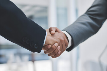 Handshake: A firm handshake seals a deal, illustrating the essence of agreement, collaboration, and successful partnership in a professional setting.