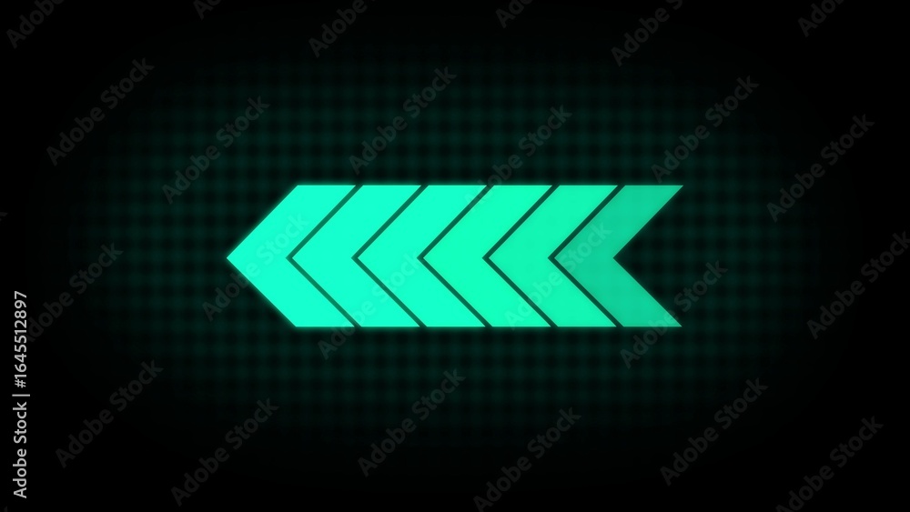 Poster glowing teal chevron arrow symbol pointing left on dark textured background direction