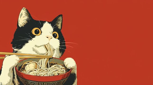 Hungry Cat Slurping Ramen With Chopsticks, Funny Japanese Food Art