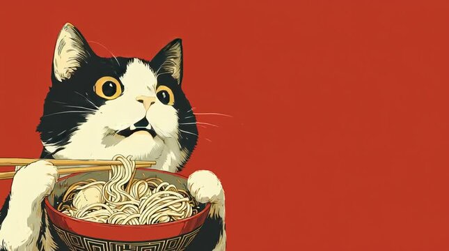 Hungry Cat Slurping Ramen With Chopsticks, Funny Japanese Food Art