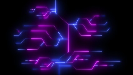 Abstract Blue and Pink Neon Circuit Board Lines on Black Background technology