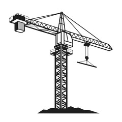 Monochrome silhouette of a tower crane with counterweights. Isolated vector illustration for the construction and building industry.