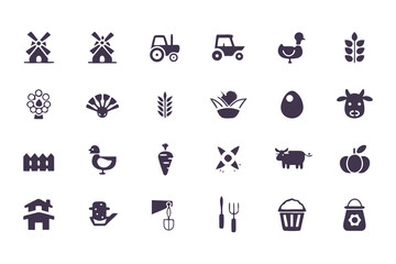 Farming and Agriculture Icon Set. Vector Symbols of Farm Animals, Crops, Equipment, and Rural Life