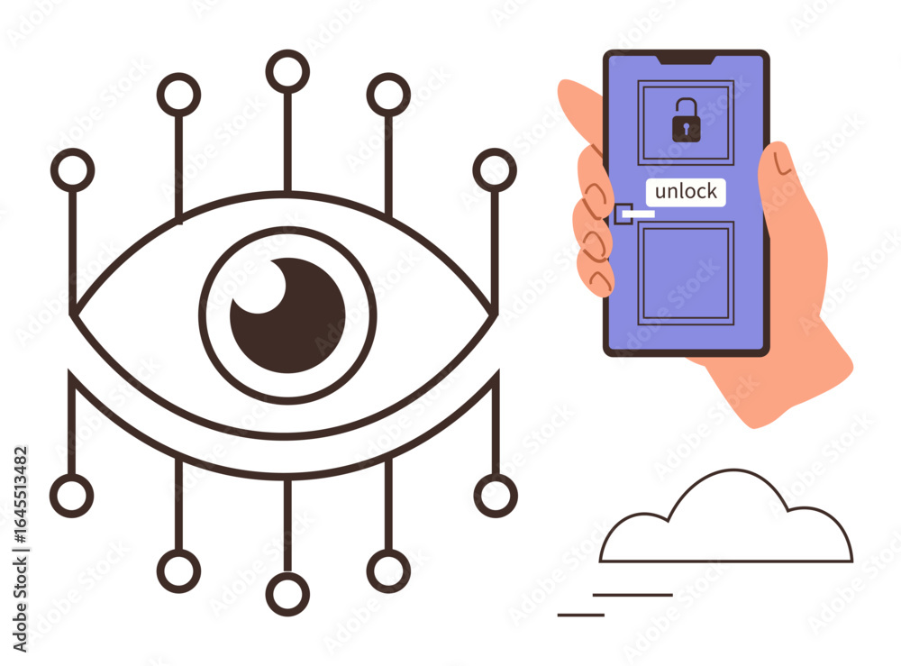Aufkleber stylized eye with circuits representing biometrics beside a smartphone unlocking via eye scan, cloud