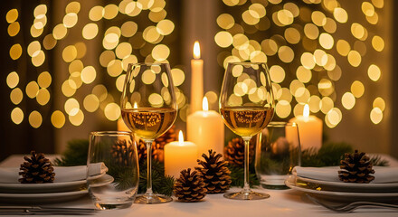 Festive table setting with wine glasses candles and pine cones creating a warm ambiance for dining