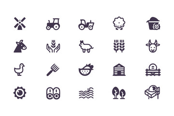 Fototapeta premium Farming and Agriculture Icon Set. Vector Symbols of Farm Animals, Crops, Equipment, and Rural Life