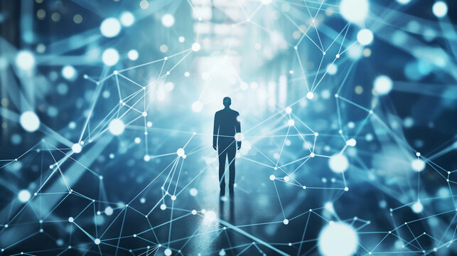 Network-powered business insights and growth, with professionals, arrows, and connected structures.