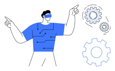 Male figure in VR headset pointing at connected gears, emphasizing innovation, teamwork, and futuristic concepts. Ideal for technology, virtual reality, engineering, teamwork, innovation learning