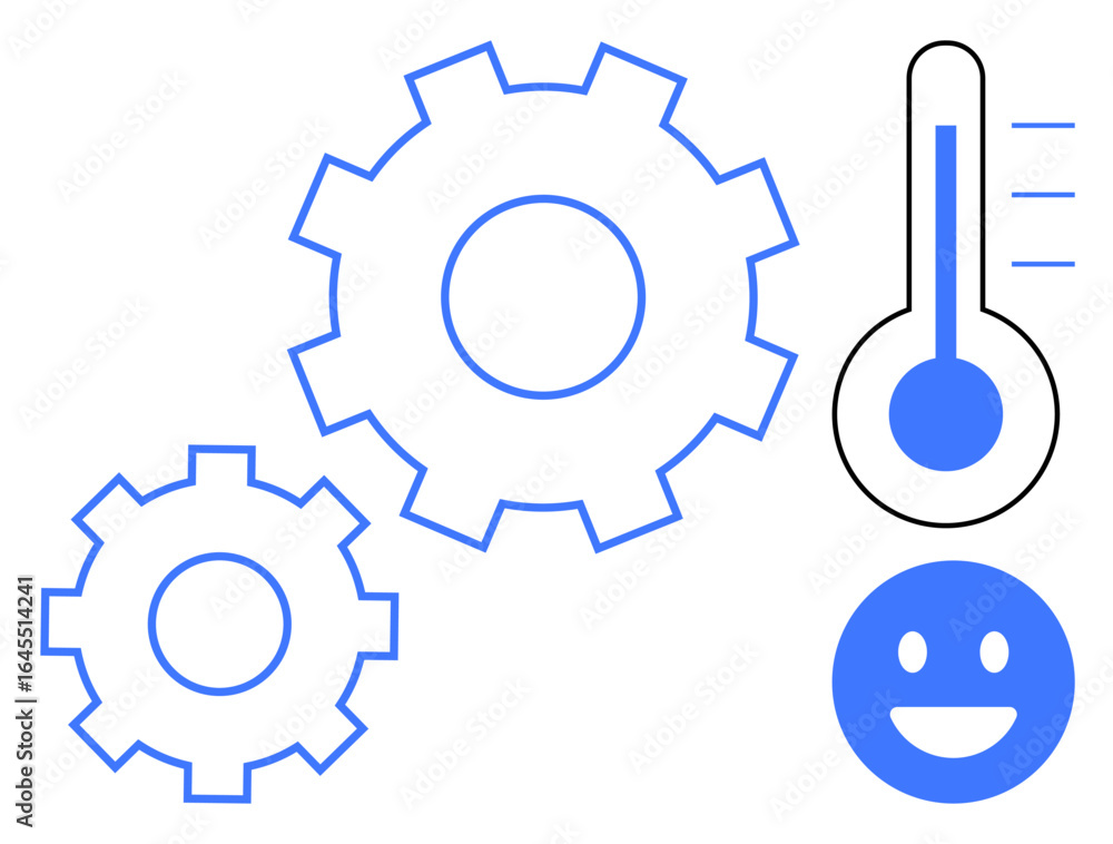 Poster two interlocking gears, a thermometer with rising levels, and a smiling face symbolizing efficiency,